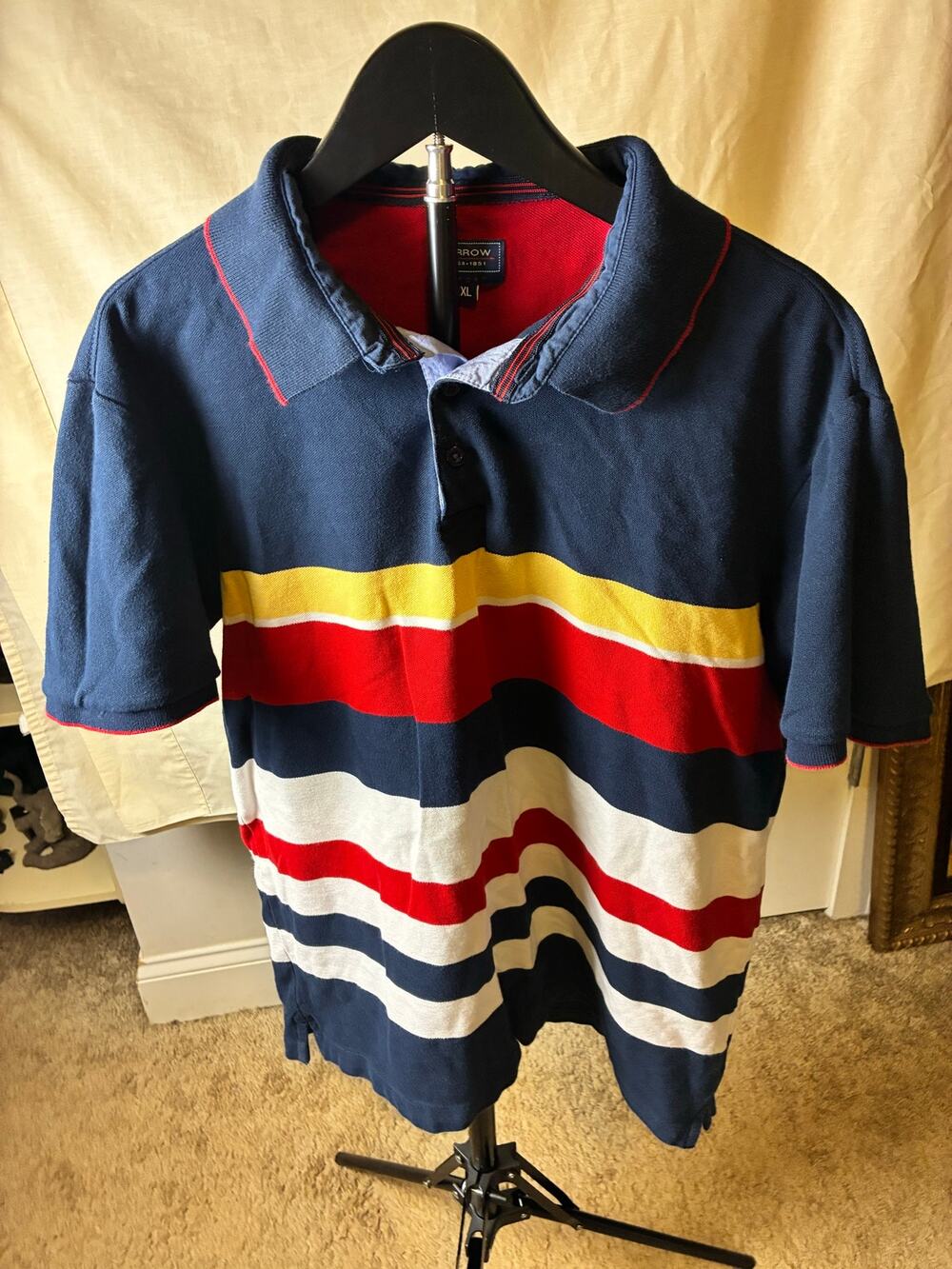 Arrow USA Rugby Stripe Polo Shirt Men's XL Navy Red Yellow Cotton Short Sleeve